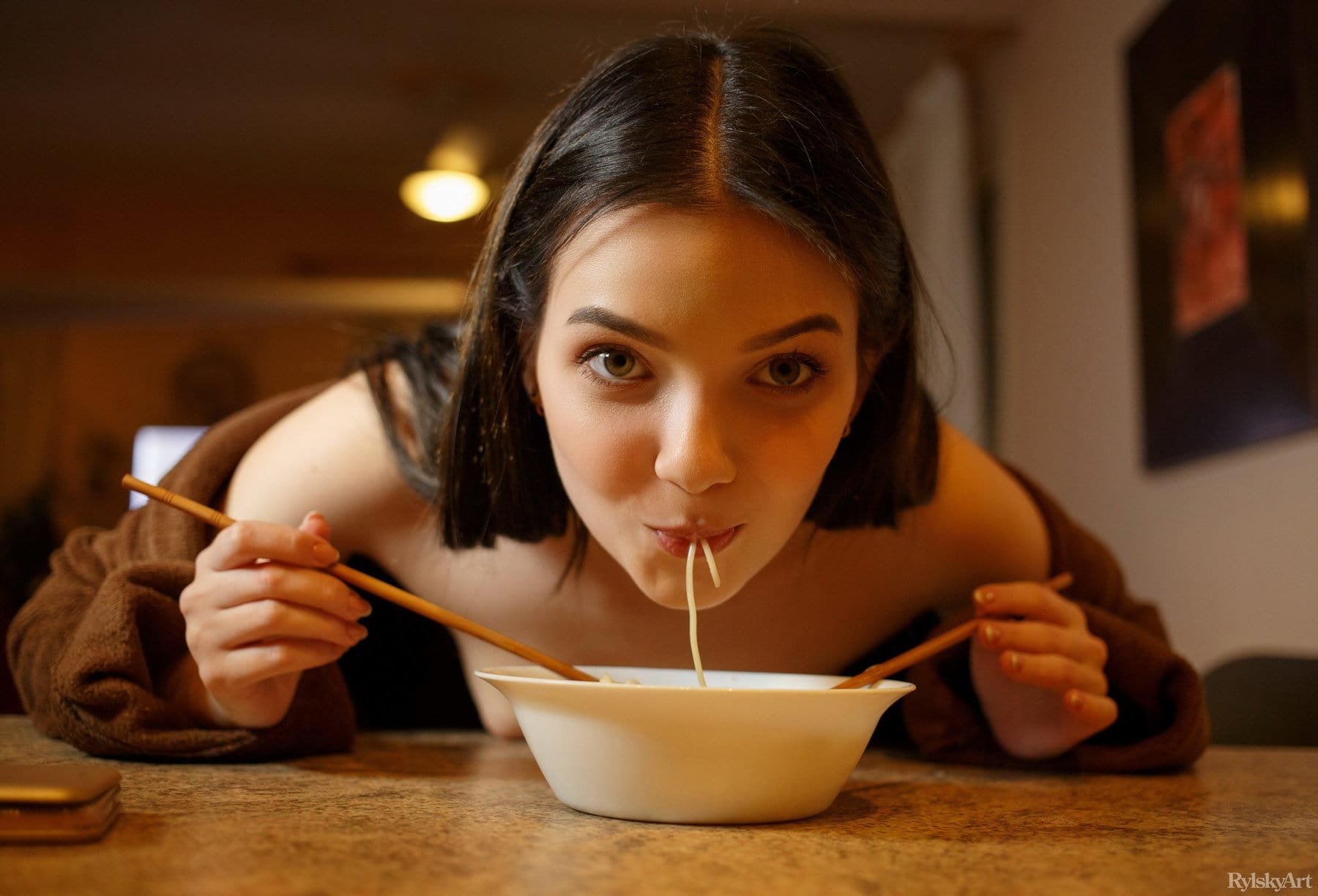 Chanel Fenn eats her noodle soup completely nude