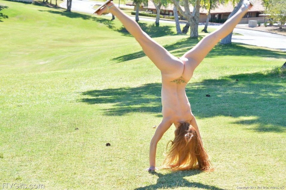 Natural redhead heads out to a public park and does a totally naked handstand