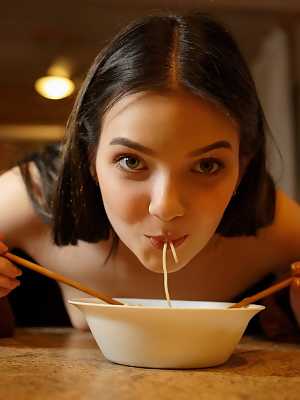Chanel Fenn eats her noodle soup completely nude