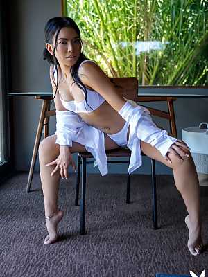 Jada Kai sensually takes off her white panties and shirt