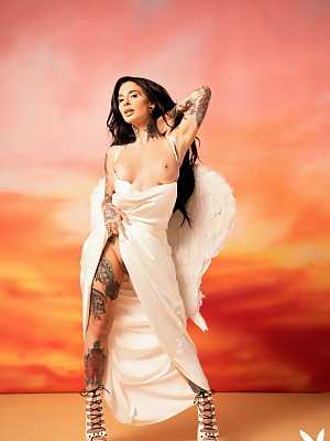 Joanna Angel is revealing all her tattoos wearing angel-wings