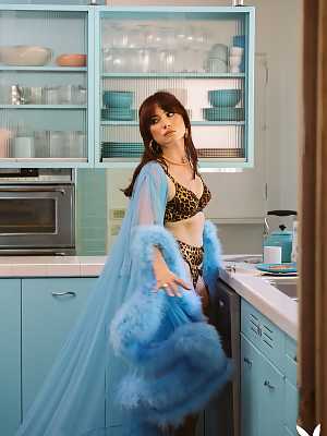 Kenna from Playboy takes off her leopard lingerie in the kitchen