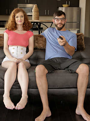 Redhead Abby Rains gets caught by her sister having sex with her nerdy stepbro