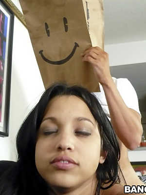 Latina Anna licks top of the dick & gets banged by a guy with bag on his head