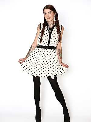 Pigtailed cutie Adrianna peels polkadot dress to tease in stockings & heels