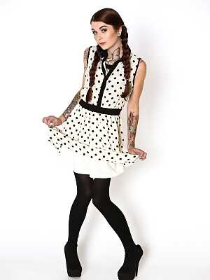Pigtailed cutie Adrianna peels polkadot dress to tease in stockings & heels