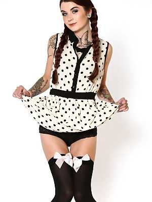 Pigtailed cutie Adrianna peels polkadot dress to tease in stockings & heels