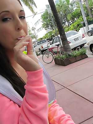 Brunette slut Adrianna Lily taking XXX selfies in public places