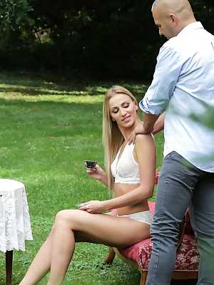 Horny Afina Kisser licking balls & anal fucking during afternoon tea on lawn