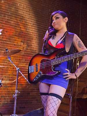 Ink queens in fishnet disrobe & fuck on stage at punk rock groups rehearsal