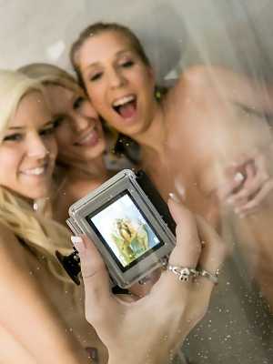 Three sexy blonde shower together to prep for selfie lesbian threesome photos