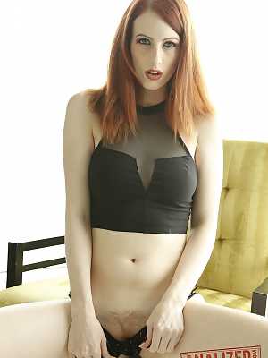 Pale skinned redhead in black lingerie 	Alex Harper gapes her tight bum