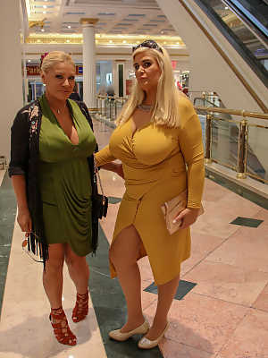 Chubby MILFs Alexa Blun & Musa Libertina pose in public in their sexy dresses