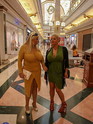 Chubby MILFs Alexa Blun & Musa Libertina pose in public in their sexy dresses