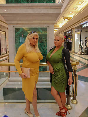 Chubby MILFs Alexa Blun & Musa Libertina pose in public in their sexy dresses