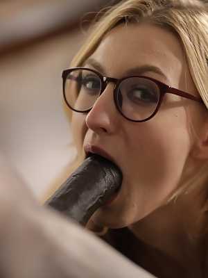 Blonde girl in glasses Alexa Grace gets her pussy rammed with a dark knob