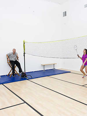 Bald ref participates in a foursome with three busty female athletes