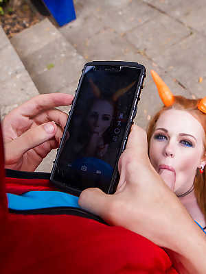 European pornstars in cosplay costumes give massive dick oral sex outdoors