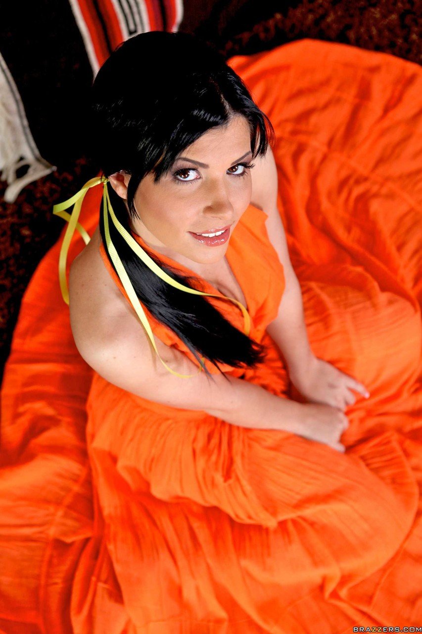 Gorgeous wife in an orange dress Rebeca Linares reveals her big ass and pussy