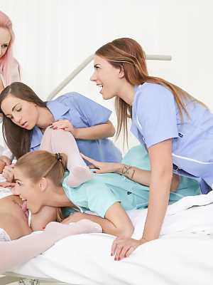 Naughty nurses and hot doctors join a patient for a lesbian orgy