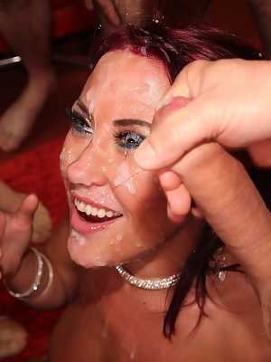 Chesty sluts Alexxa Vice and Tyla Moore taking messy facials in a wild bukkake