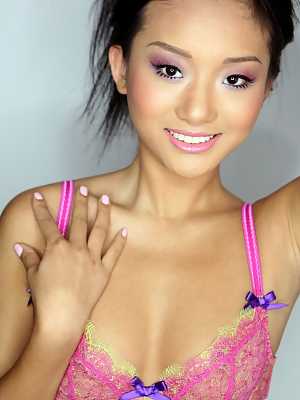 Petite Asian Alina Li poses erotically in pink lace lingerie & teases topless