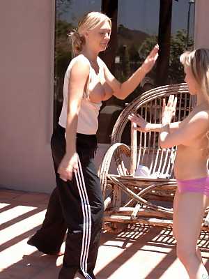 Cutie in pink panties Fiona Luv fights with busty Alison outdoors