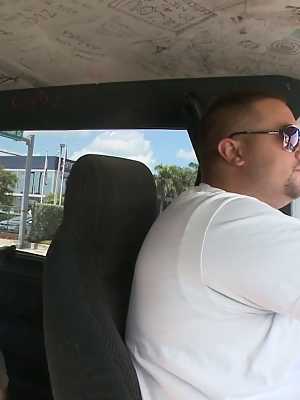 Busty amateur blonde Alli May fucks and receives huge cumshot in the van