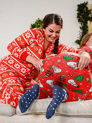 Sweet teens Allie Haze and Harley Jade toy anuses in Christmas pajamas