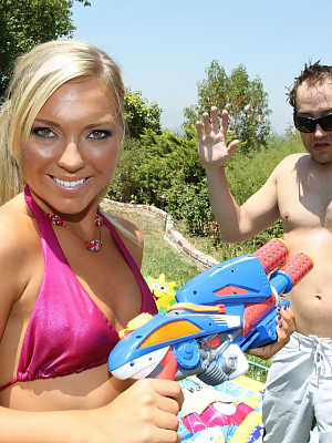 Tiny titted blonde teen Ally Kay gets nailed & facialed in the wading pool