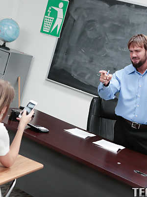 Naughty schoolgirl Alyce Anderson rides teachers cock on his desk