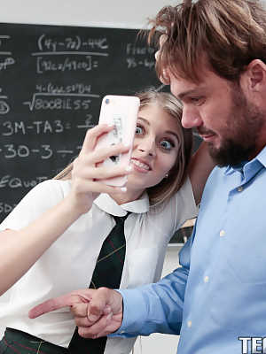 Naughty schoolgirl Alyce Anderson rides teachers cock on his desk