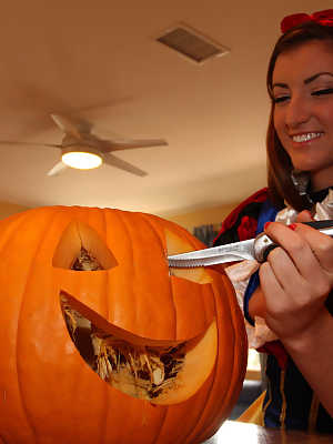 Superb brunette Alyson Westley	plays with pumpkin and shows cunt in solo