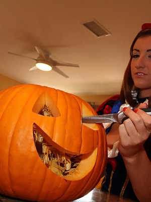 Superb brunette Alyson Westley	plays with pumpkin and shows cunt in solo
