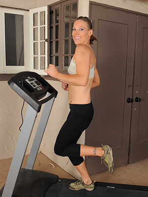 Fit American MILF Alyssa Dutch strips naked after jogging on a treadmill