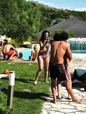 Horny hotties giving blowjobs and fucking hardcore at the pool party
