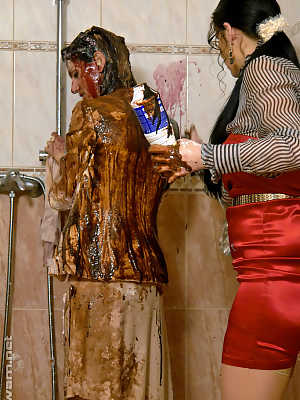 Kinky fetish ladies making some messy foodplay action in the shower