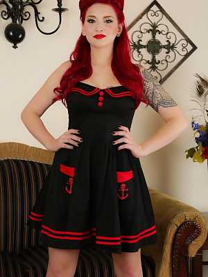 Sexy pinup Amber Ivy sheds her sailor dress to show pussy lips in red heels