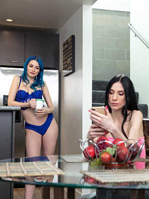 Teenage lesbians Jewels Blu & Amber Wildee strip each other and French kiss