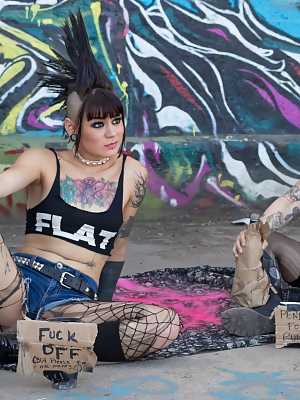 Spiked hair punk girl Rizzo Ford gets fucked hard & has tits and face jizzed