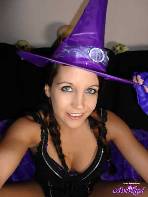 Teen amateur Andi Land teases during upskirt action in a Halloween outfit