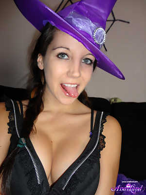 Teen amateur Andi Land teases during upskirt action in a Halloween outfit