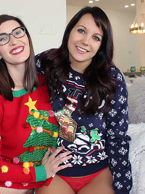 Teen girl Andi Land and her lesbian girlfriend expose themselves at Christmas