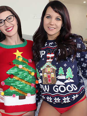 Teen girl Andi Land and her lesbian girlfriend expose themselves at Christmas