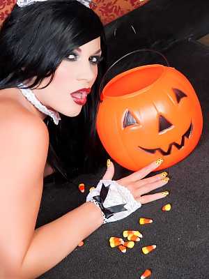 Hottest brunette maid Andy San Dimas masturbates on the Halloween eve