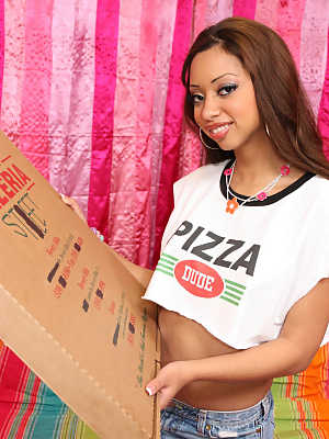 Doe eyed ebony pizza girl Angel Cummings undresses to vaunt her sweet booty