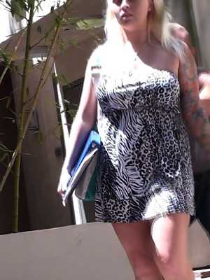 Blonde Angel Vain unwillingly flashes curves in public due sexual assault