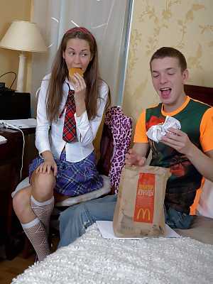 Schoolgirl June takes it up the ass in exchange for a feed of fast food