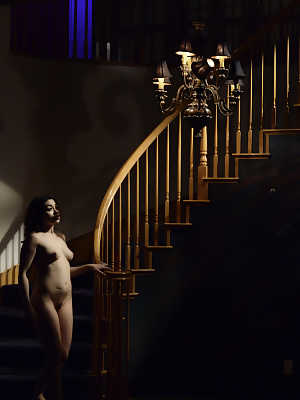 Asian model Angelina Mylee gets butt naked on a staircase in the dark