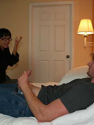 Nerdy brunette Angie Noire gives an excellent blowjob to a cute stud